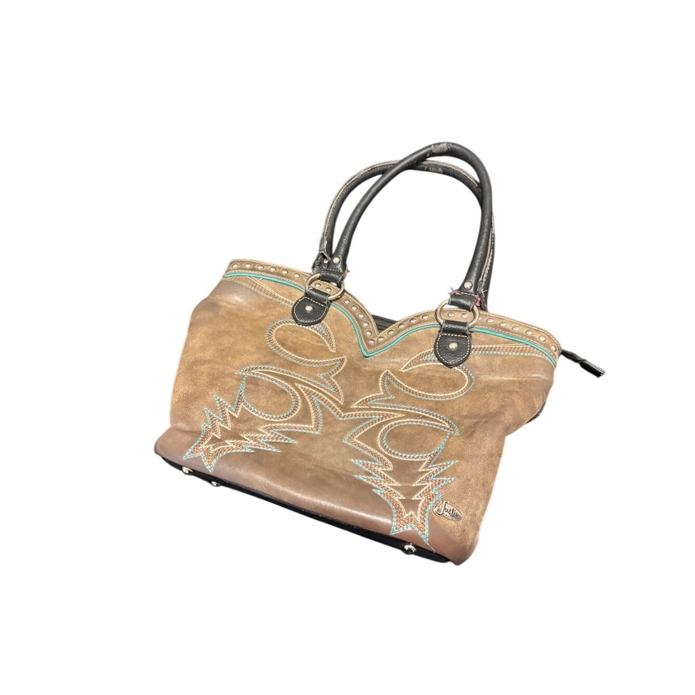 Justin Boots Brown Leather Shoulder Bag with Turquoise Stitching